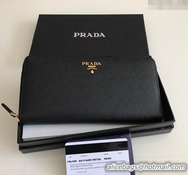 Trendy Design Prada Large Saffiano Leather Wallet 1ML506 Black Gold