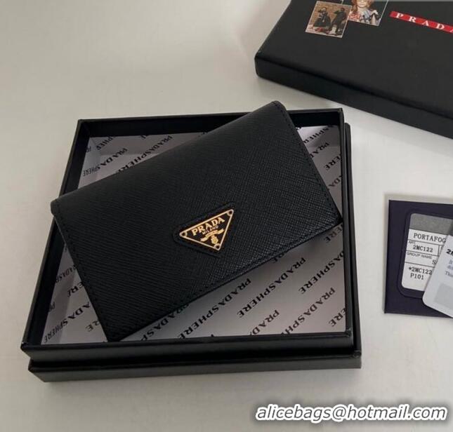 Top Quality Prada Saffiano Leather Card Holder Wallet 1MC122 Black/Gold