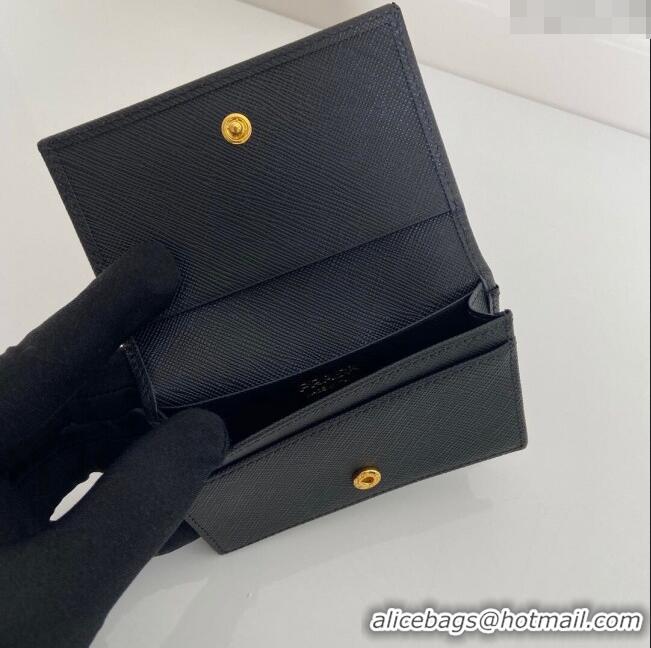 Top Quality Prada Saffiano Leather Card Holder Wallet 1MC122 Black/Gold