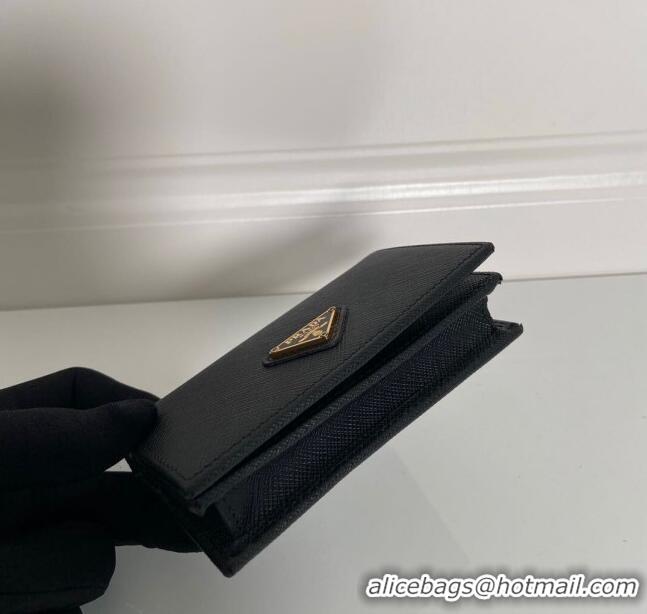 Top Quality Prada Saffiano Leather Card Holder Wallet 1MC122 Black/Gold