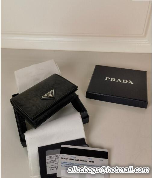 Top Quality Prada Small Saffiano Leather Wallet 1MV021 Black/Silver