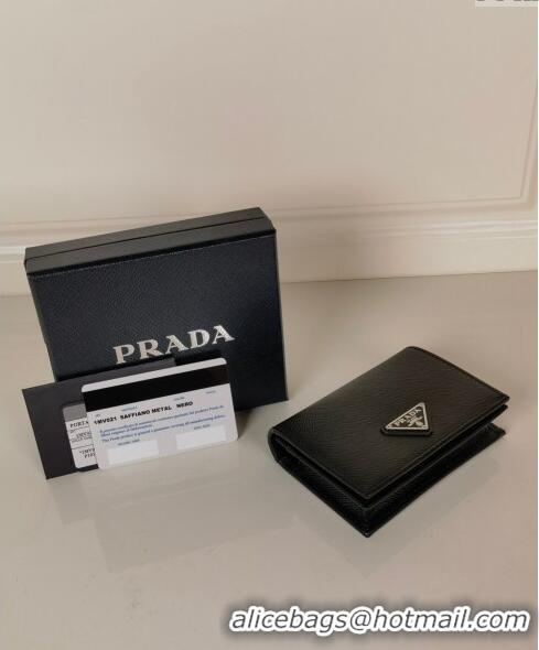 Top Quality Prada Small Saffiano Leather Wallet 1MV021 Black/Silver