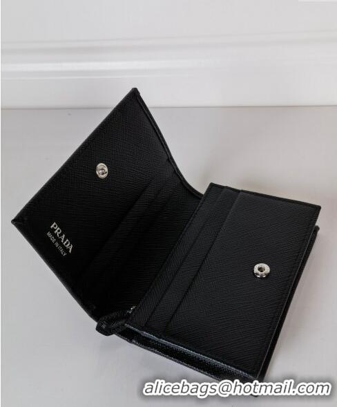 Top Quality Prada Small Saffiano Leather Wallet 1MV021 Black/Silver