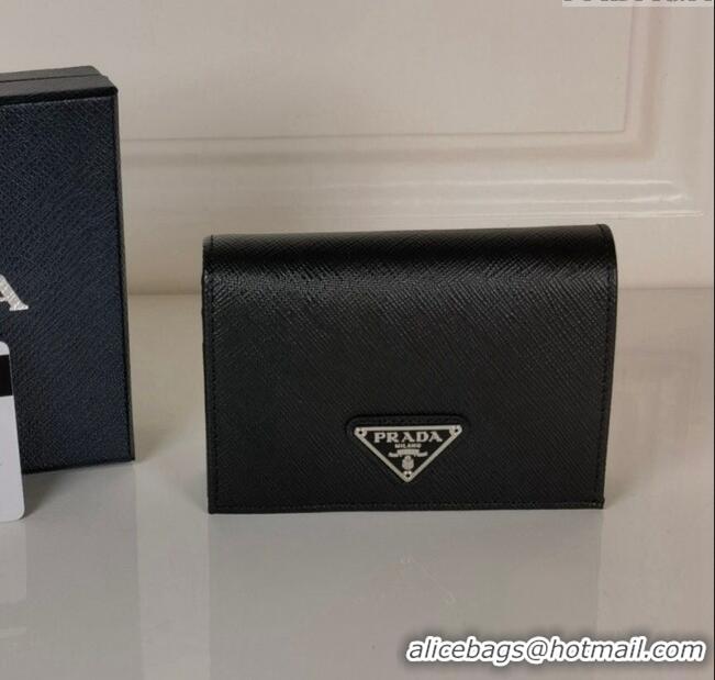 Top Quality Prada Small Saffiano Leather Wallet 1MV021 Black/Silver