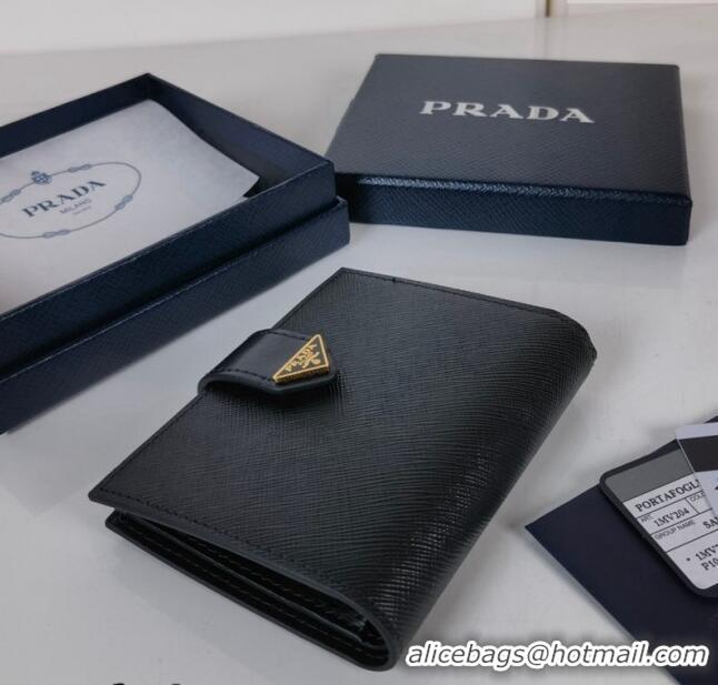 Buy Fashionable Prada Small Saffiano and smooth leather wallet 1MV204 Black 2023