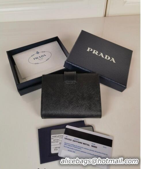 Buy Fashionable Prada Small Saffiano and smooth leather wallet 1MV204 Black 2023