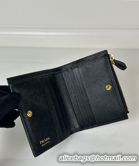 Famous Brand Prada Small Saffiano leather wallet 1ML050 Black/Gold Tiangle 2024