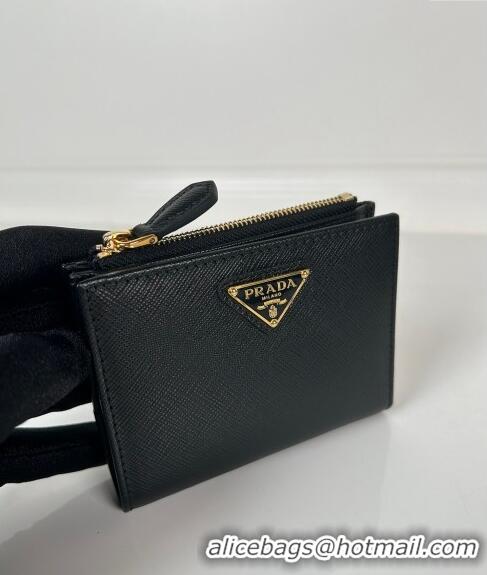 Famous Brand Prada Small Saffiano leather wallet 1ML050 Black/Gold Tiangle 2024