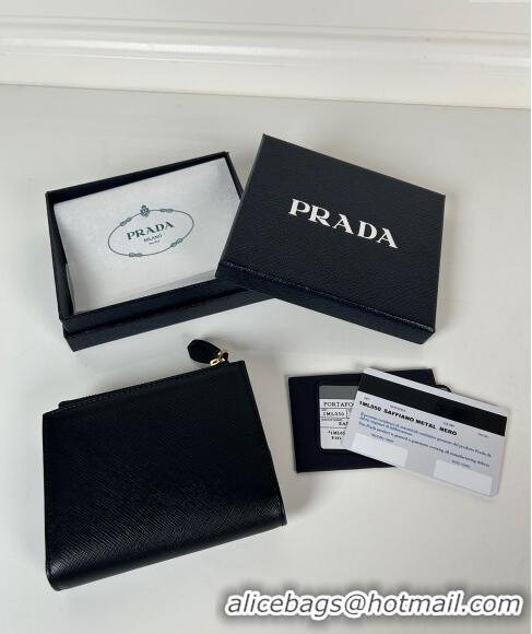 Famous Brand Prada Small Saffiano leather wallet 1ML050 Black/Gold Tiangle 2024