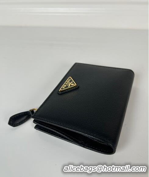 Famous Brand Prada Small Saffiano leather wallet 1ML050 Black/Gold Tiangle 2024