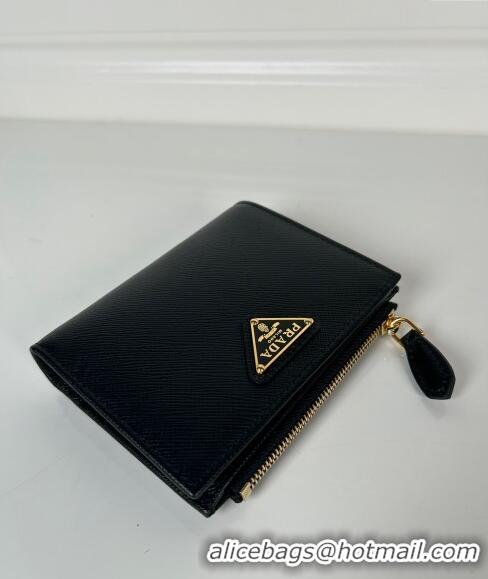 Famous Brand Prada Small Saffiano leather wallet 1ML050 Black/Gold Tiangle 2024