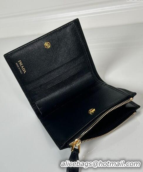 Famous Brand Prada Small Saffiano leather wallet 1ML050 Black/Gold Tiangle 2024