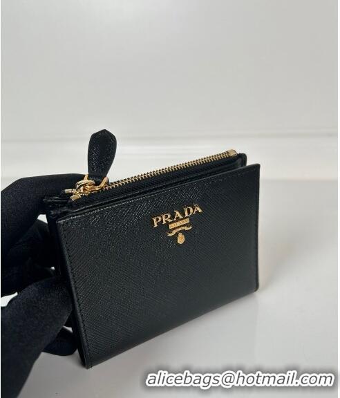 Promotional Prada Small Saffiano leather wallet 1ML050 Black/Gold Logo 2024