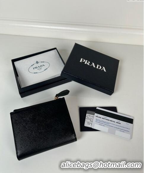 Promotional Prada Small Saffiano leather wallet 1ML050 Black/Gold Logo 2024