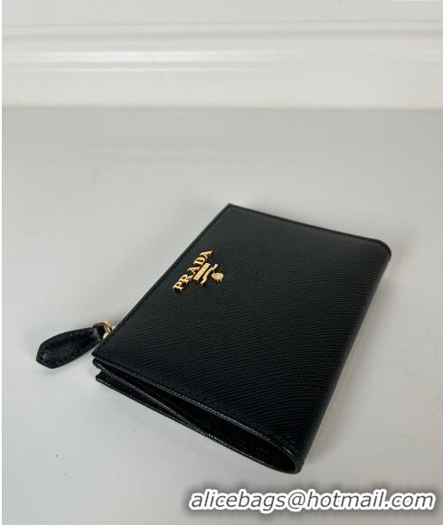 Promotional Prada Small Saffiano leather wallet 1ML050 Black/Gold Logo 2024