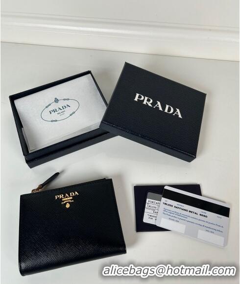 Promotional Prada Small Saffiano leather wallet 1ML050 Black/Gold Logo 2024