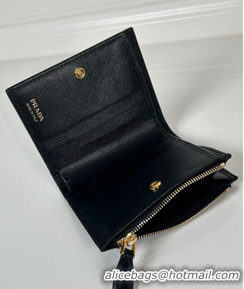 Promotional Prada Small Saffiano leather wallet 1ML050 Black/Gold Logo 2024