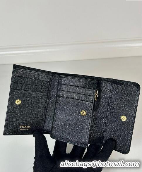 Big Discount Prada Small Saffiano leather wallet 1MH025 Black/Tiangle 2024