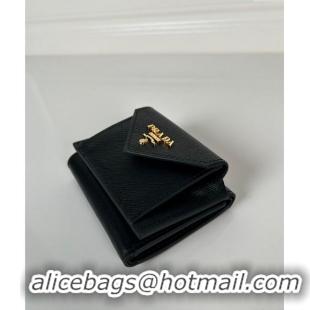 Top Quality Prada Mini Saffiano leather wallet 1MH021 Black/Gold Logo 2024