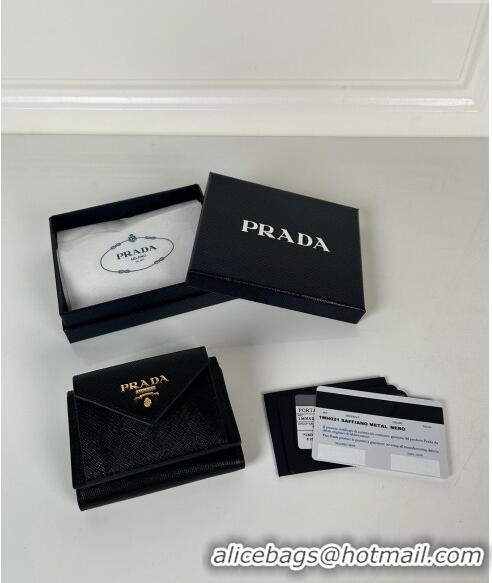 Top Quality Prada Mini Saffiano leather wallet 1MH021 Black/Gold Logo 2024