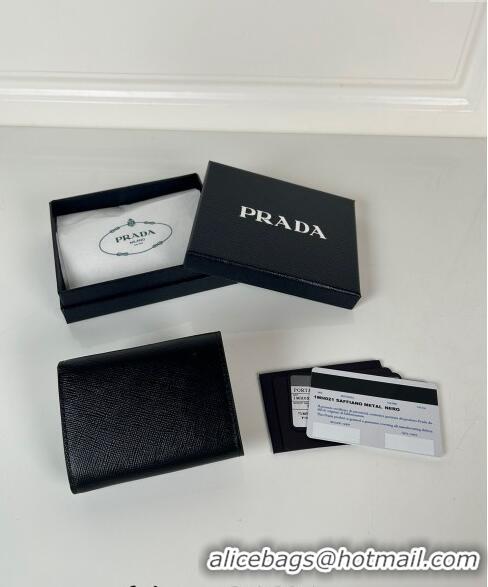 Top Quality Prada Mini Saffiano leather wallet 1MH021 Black/Gold Logo 2024