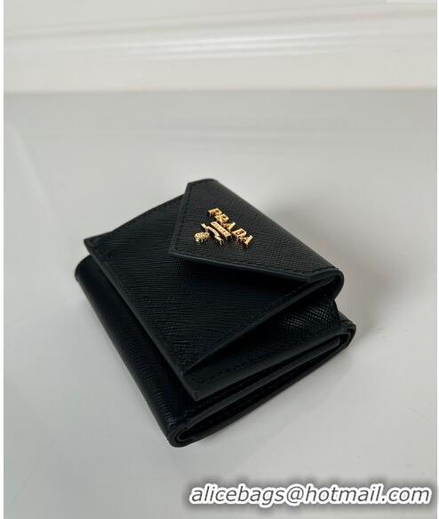 Top Quality Prada Mini Saffiano leather wallet 1MH021 Black/Gold Logo 2024