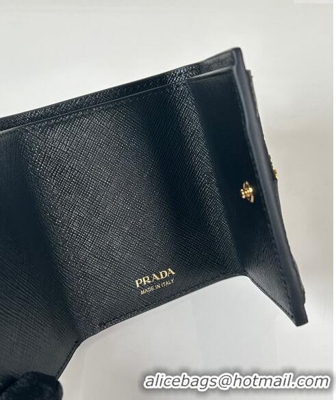 Top Quality Prada Mini Saffiano leather wallet 1MH021 Black/Gold Logo 2024