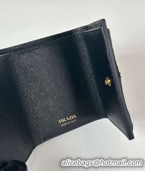 Well Crafted Prada Mini Saffiano Leather Wallet 1MH021 Black/Gold Tiangle 2024