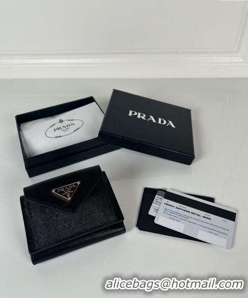 Well Crafted Prada Mini Saffiano Leather Wallet 1MH021 Black/Gold Tiangle 2024