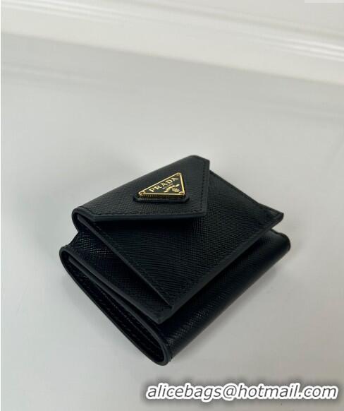 Well Crafted Prada Mini Saffiano Leather Wallet 1MH021 Black/Gold Tiangle 2024