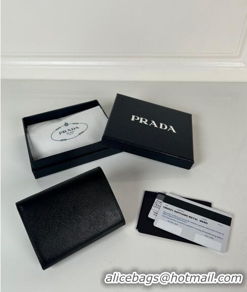 Well Crafted Prada Mini Saffiano Leather Wallet 1MH021 Black/Gold Tiangle 2024