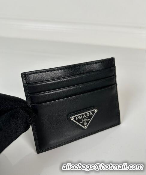 Buy Fashionable Prada Leather Card Holder Wallet 1MC025 Black Silver Triangle 2024