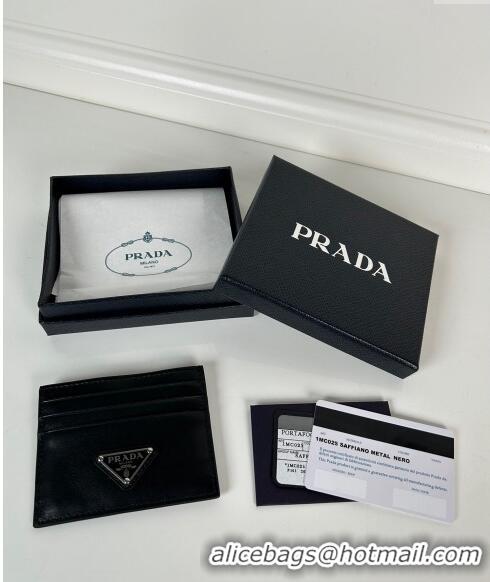 Buy Fashionable Prada Leather Card Holder Wallet 1MC025 Black Silver Triangle 2024