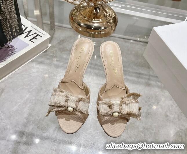 Unique Style Dior Adiorable Heeled Slides Sandal 8cm in Fringed Grosgrain Fabric with Pearl Bow Beige 814032