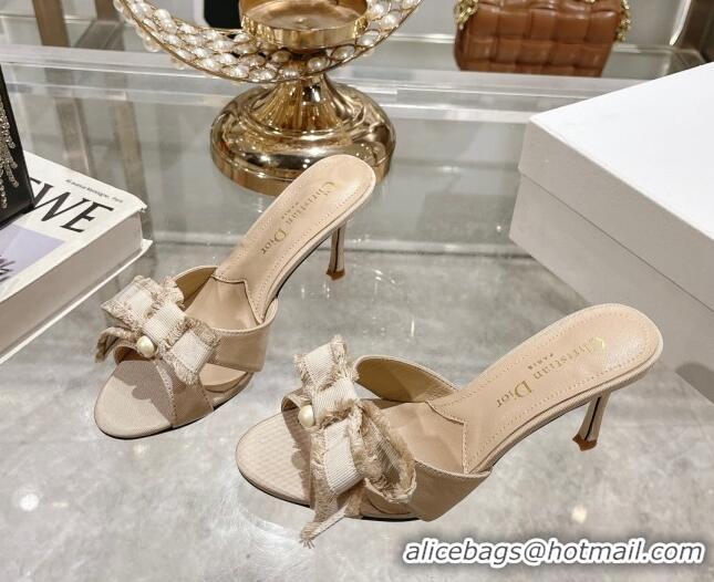 Unique Style Dior Adiorable Heeled Slides Sandal 8cm in Fringed Grosgrain Fabric with Pearl Bow Beige 814032