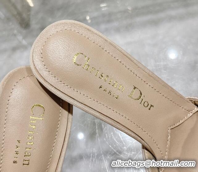 Unique Style Dior Adiorable Heeled Slides Sandal 8cm in Fringed Grosgrain Fabric with Pearl Bow Beige 814032