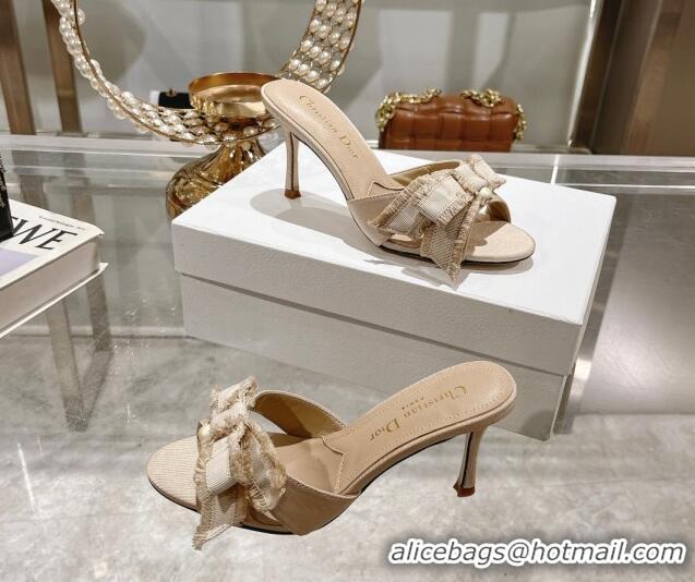 Unique Style Dior Adiorable Heeled Slides Sandal 8cm in Fringed Grosgrain Fabric with Pearl Bow Beige 814032