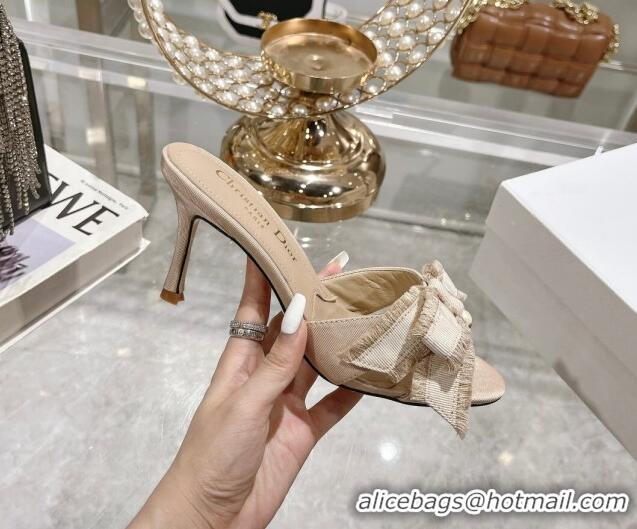 Unique Style Dior Adiorable Heeled Slides Sandal 8cm in Fringed Grosgrain Fabric with Pearl Bow Beige 814032