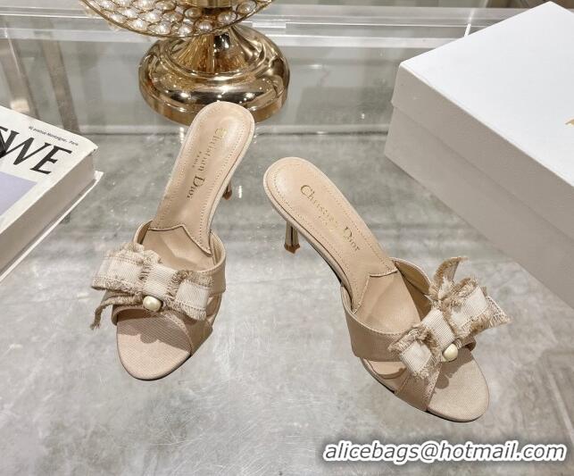 Unique Style Dior Adiorable Heeled Slides Sandal 8cm in Fringed Grosgrain Fabric with Pearl Bow Beige 814032