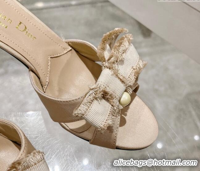 Unique Style Dior Adiorable Heeled Slides Sandal 8cm in Fringed Grosgrain Fabric with Pearl Bow Beige 814032