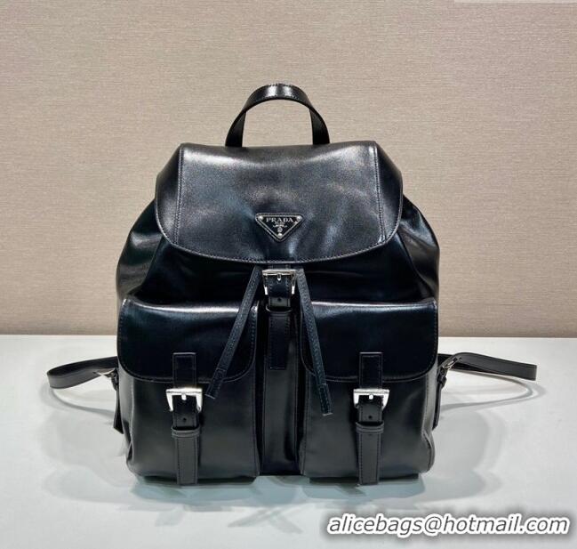 Top Grade Prada Shiny leather medium backpack bag with pouch 1BZ811 Black 2024