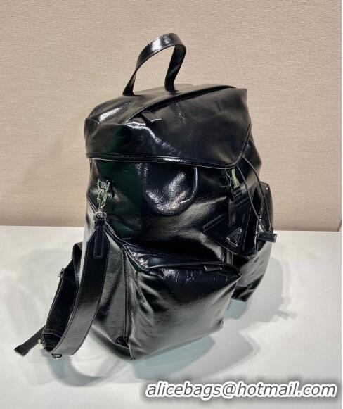 New Discount Prada Mens Shiny Leather backpack bag 2VZ108 Black 2024