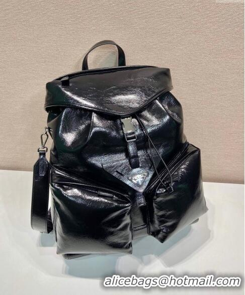 New Discount Prada Mens Shiny Leather backpack bag 2VZ108 Black 2024