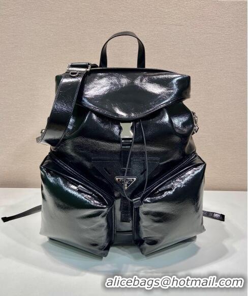 New Discount Prada Mens Shiny Leather backpack bag 2VZ108 Black 2024