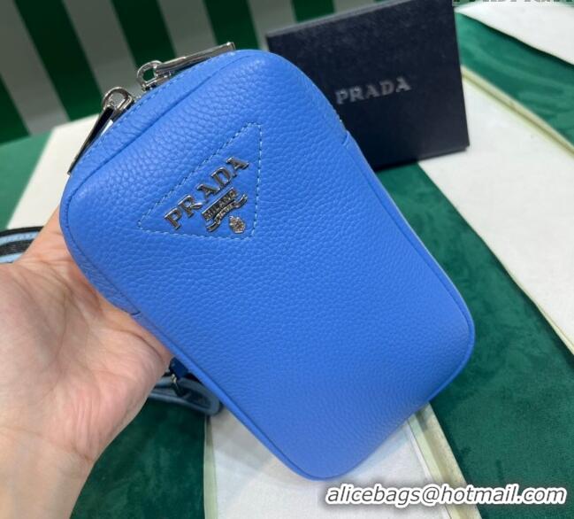 High Quality Discount Prada Grained Leather Phone Mini Bag 1BP027 Blue 2023