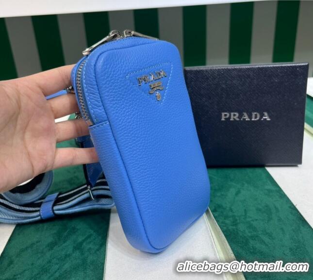 High Quality Discount Prada Grained Leather Phone Mini Bag 1BP027 Blue 2023