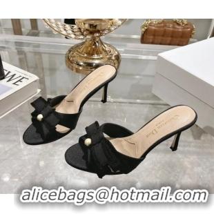 Best Grade Dior Adiorable Heeled Slides Sandal 8cm in Fringed Grosgrain Fabric with Pearl Bow Black 814033