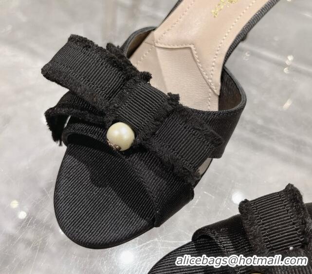 Best Grade Dior Adiorable Heeled Slides Sandal 8cm in Fringed Grosgrain Fabric with Pearl Bow Black 814033