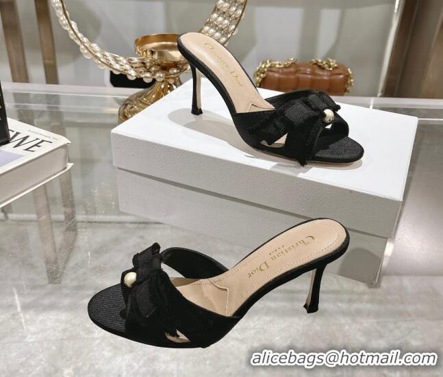 Best Grade Dior Adiorable Heeled Slides Sandal 8cm in Fringed Grosgrain Fabric with Pearl Bow Black 814033