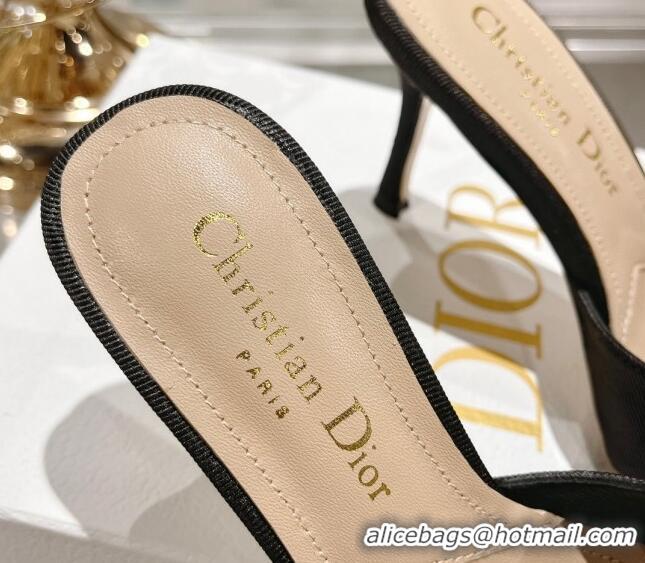 Best Grade Dior Adiorable Heeled Slides Sandal 8cm in Fringed Grosgrain Fabric with Pearl Bow Black 814033